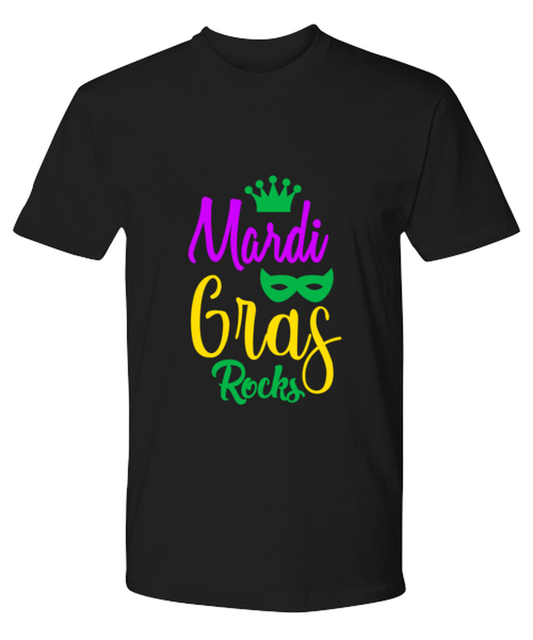 Mardi Gras Rocks, black Premium Tee. Model 60058