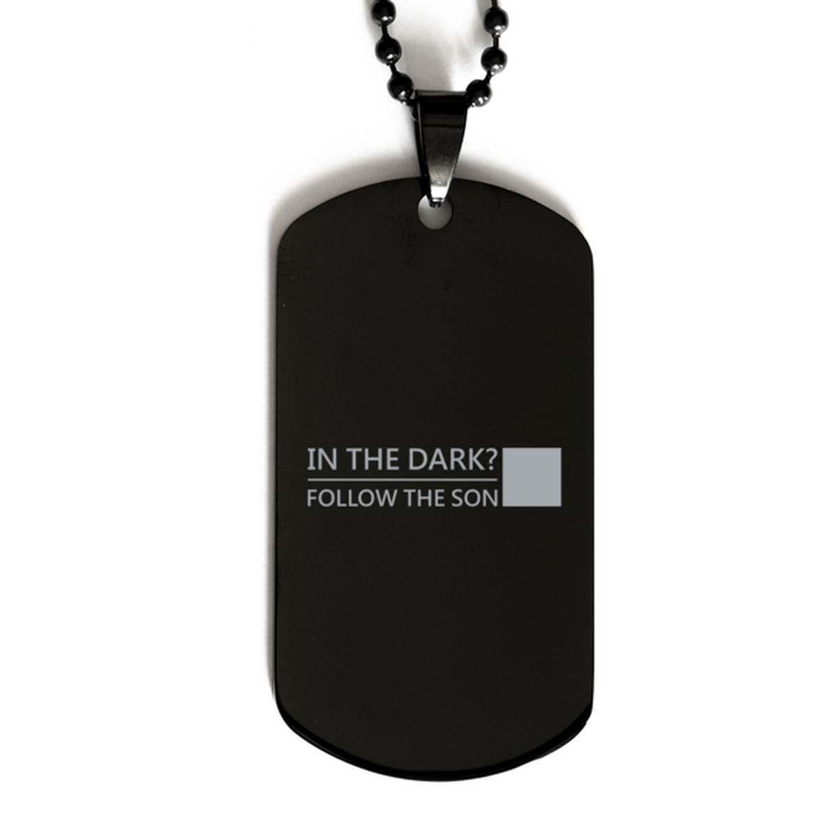 in the Dark, Follow the Son,  Black Dog Tag Bracelet. Model 60060