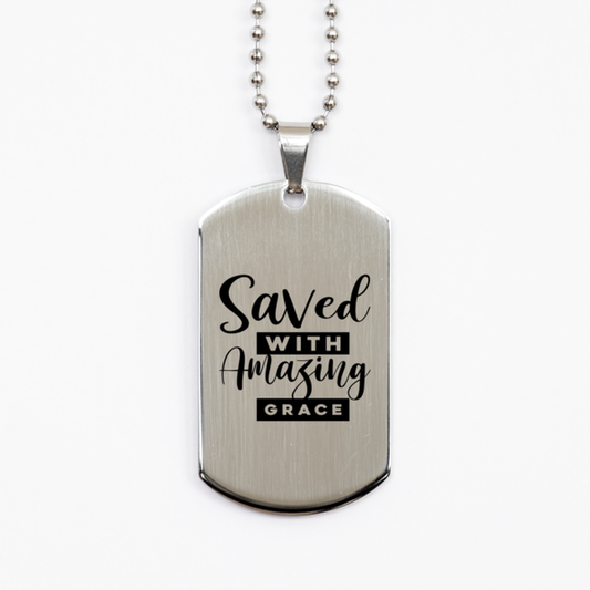 Saved With Amazing Grace,  Silver Dog Tag Bracelet. Model 60061