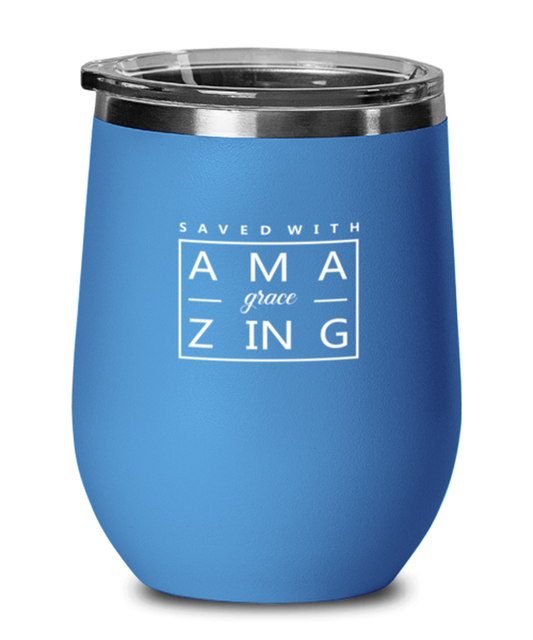 Saved by Amazing Grace, blue drinkware metal glass. Model 60062