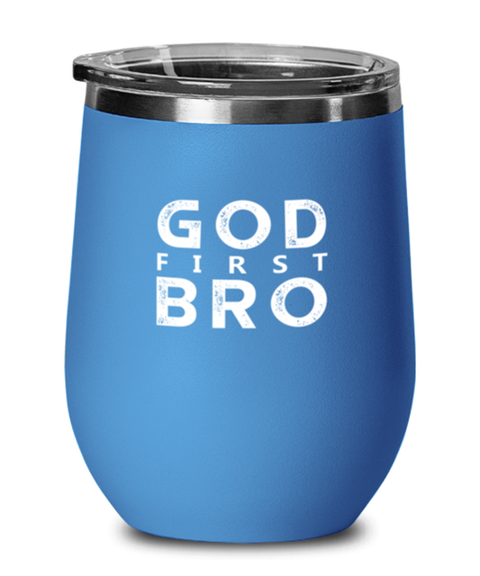 God First Bro, blue drinkware metal glass. Model 60062