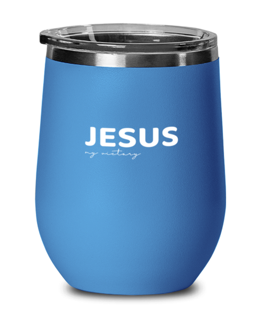 Jesus is My Victory, blue drinkware metal glass. Model 60062
