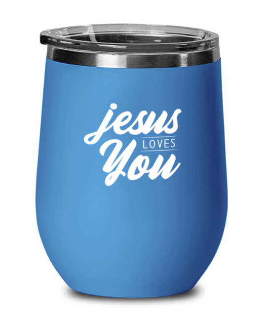 Jesus Loves You 3, blue drinkware metal glass. Model 60062