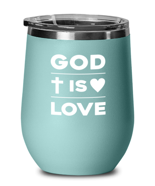 God is Love, teal drinkware metal glass. Model 60063