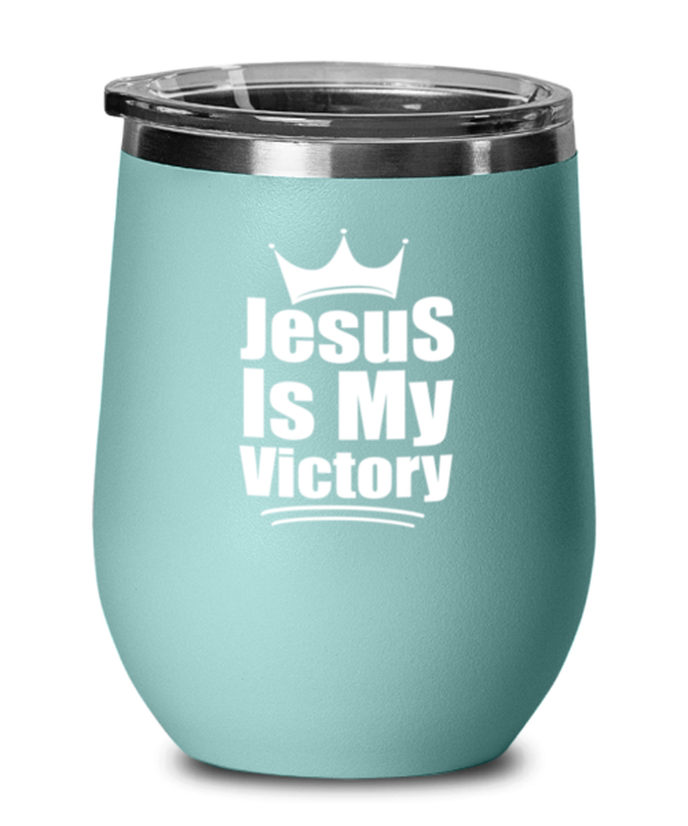 Jesus is My Victory, teal drinkware metal glass. Model 60063
