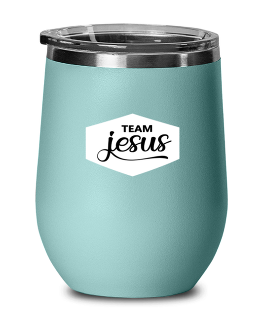 Team Jesus, teal drinkware metal glass. Model 60063