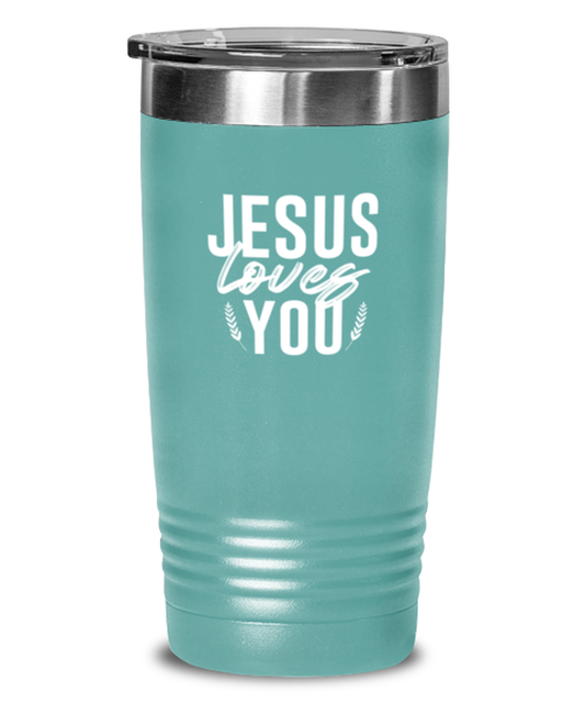 Jesus Loves You, teal tumbler. Model 60064