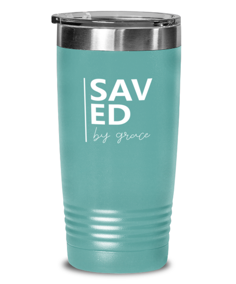 Saved by Grace, teal tumbler. Model 60064