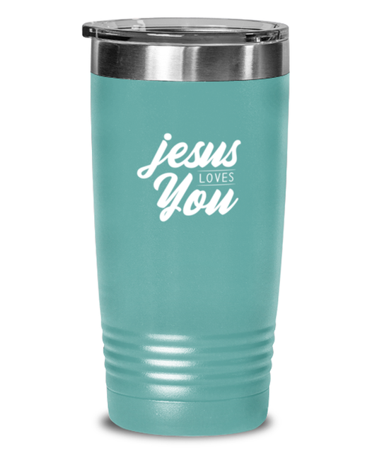 Jesus Loves You 3, teal tumbler. Model 60064
