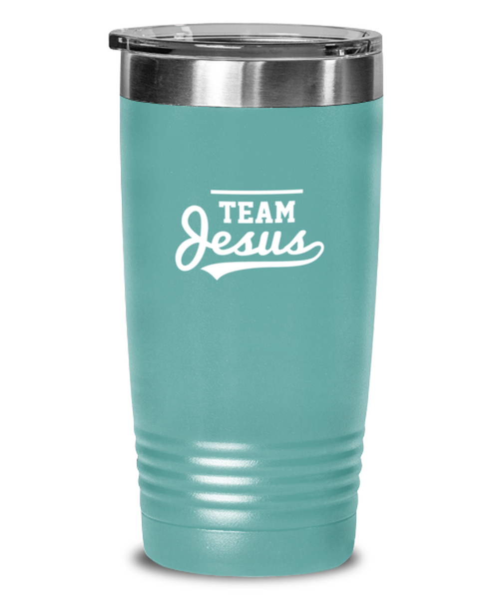 Team Jesus 2, teal tumbler. Model 60064