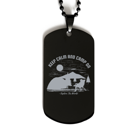 Keep Calm and Camp On,  Black Dog Tag. Model 60068