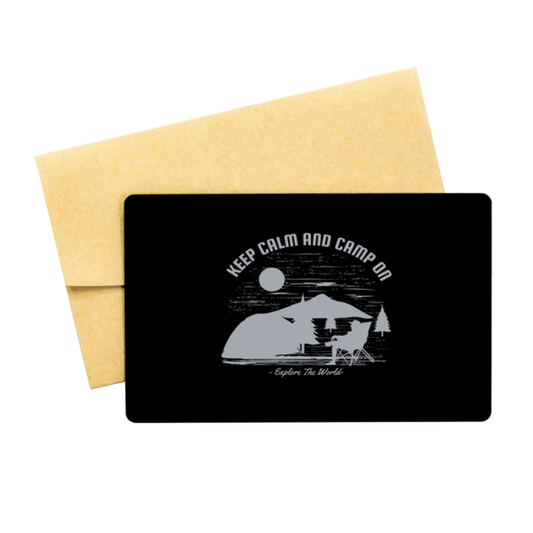 Keep Calm and Camp On,  Black Aluminum Card. Model 60070