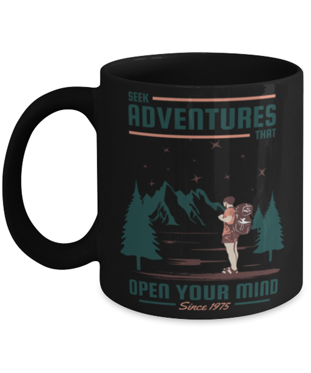 Seek Adventures that Open Your Mind 2, black Coffee Mug, Coffee Cup 11oz. Model 60071
