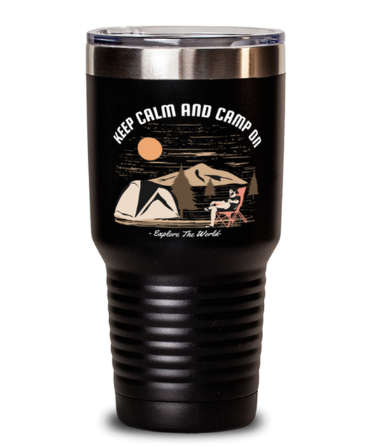 Keep Calm and Camp On, black Tumbler 30oz. Model 60071