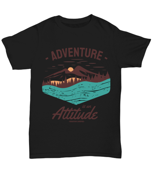 Adventure is an Attitude, black Unisex Tee. Model 60073