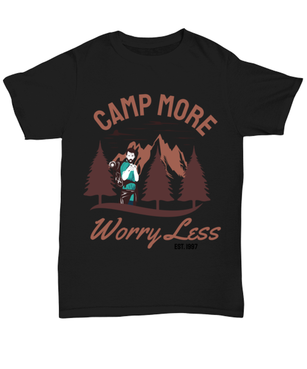 Camp More Worry Less, black Unisex Tee. Model 60073