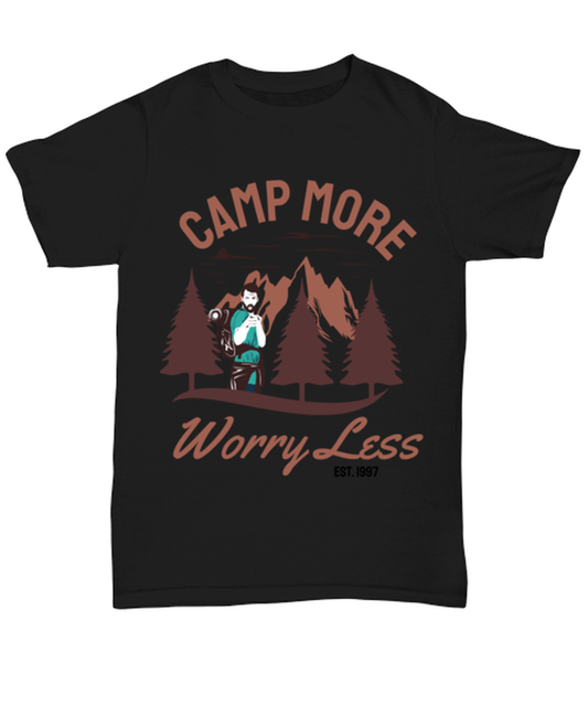 Camp More Worry Less, black Unisex Tee. Model 60073