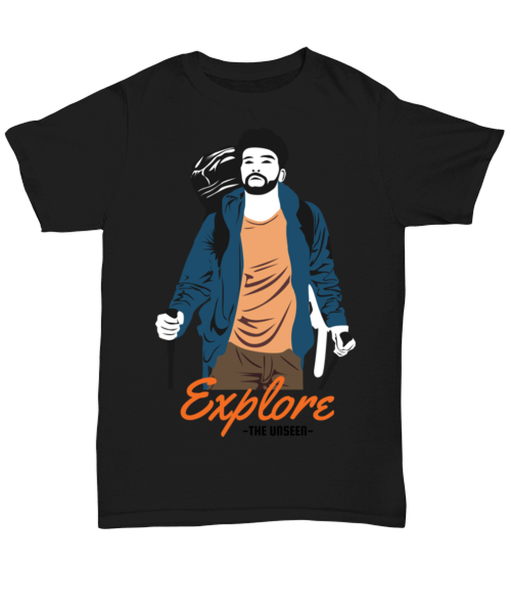Explore the Unseen, black Unisex Tee. Model 60073