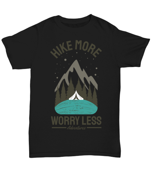 Hike More Worry Less, black Unisex Tee. Model 60073