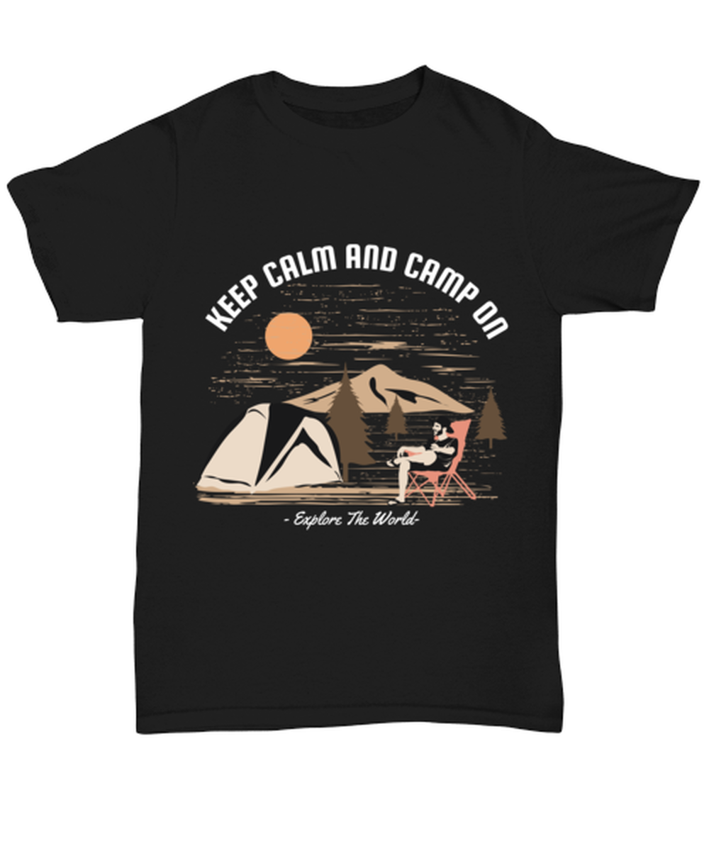 Keep Calm and Camp On, black Unisex Tee. Model 60073