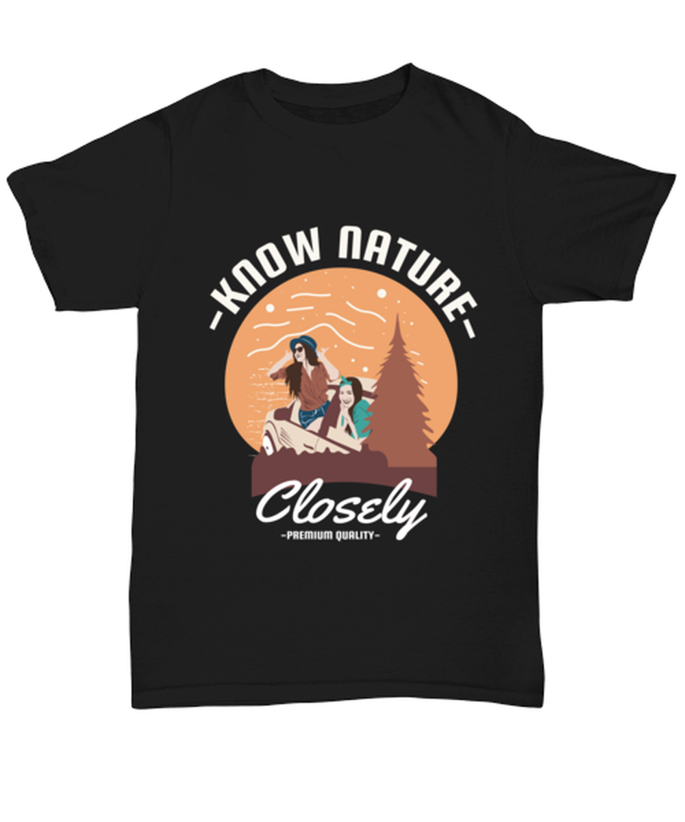 Know Nature Closely, black Unisex Tee. Model 60073