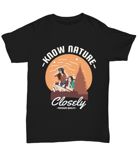 Know Nature Closely, black Unisex Tee. Model 60073