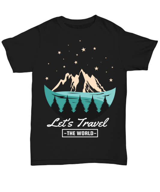 Lets Travel the World, black Unisex Tee. Model 60073