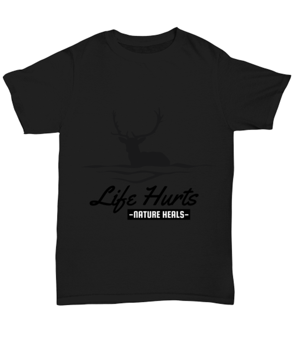 Life Hurts Nature Heals, black Unisex Tee. Model 60073
