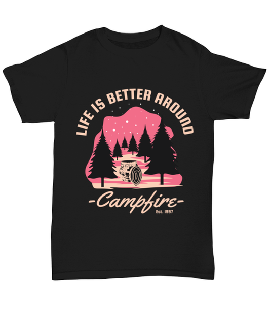 Life is Better Around a Campfire, black Unisex Tee. Model 60073