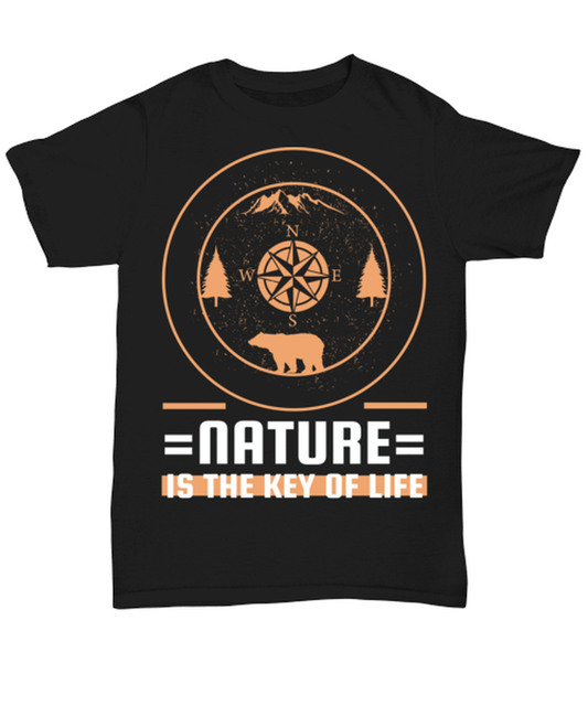 Nature is the Key to Life, black Unisex Tee. Model 60073