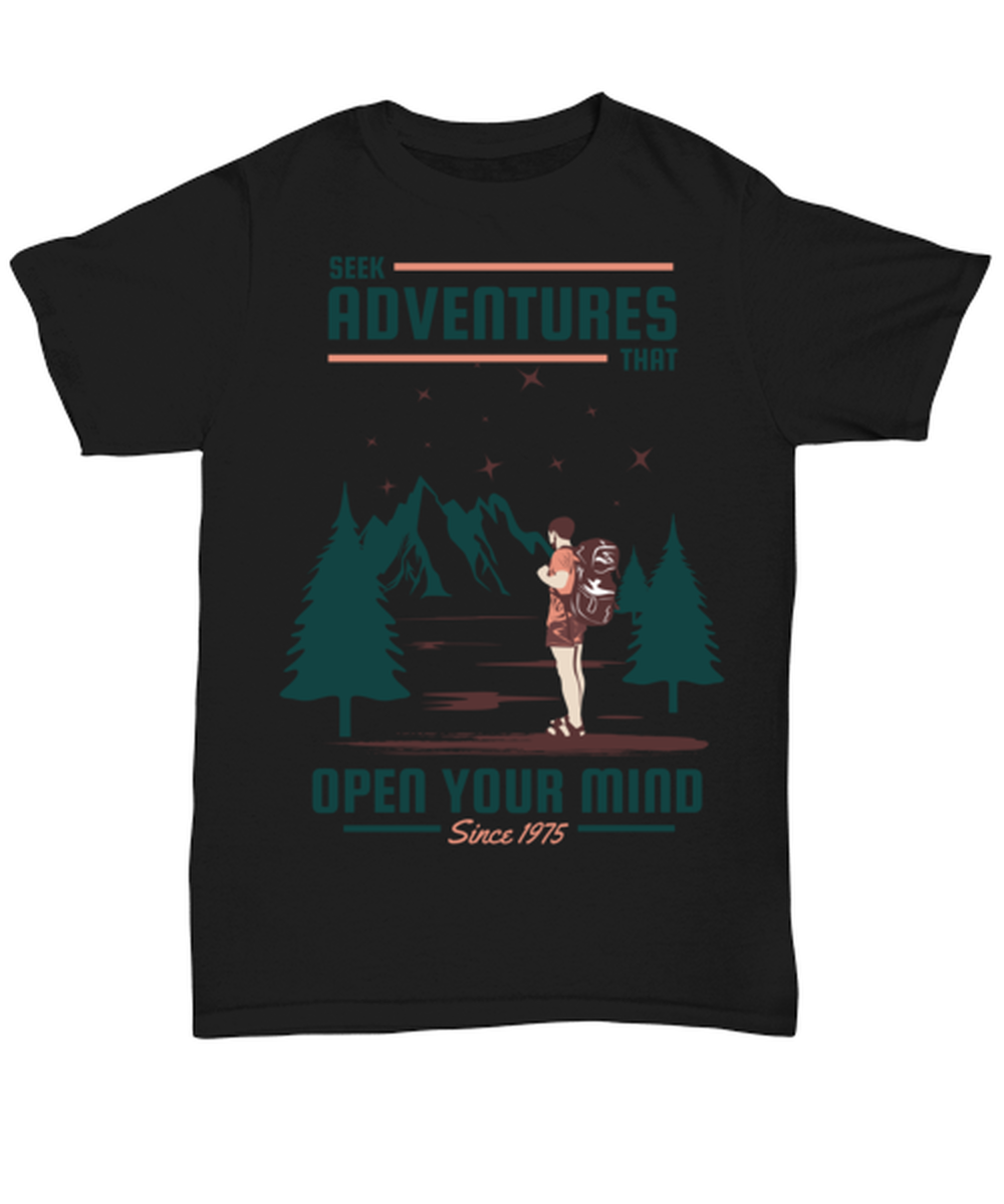 Seek Adventures that Open Your Mind 2, black Unisex Tee. Model 60073