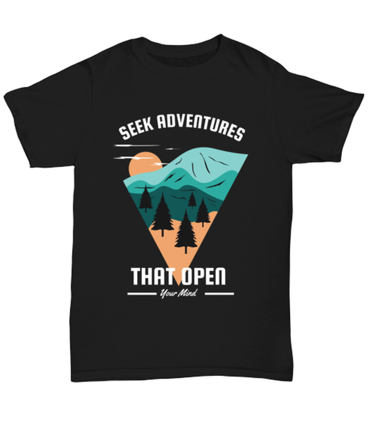 Seek Adventures that Open Your Mind, black Unisex Tee. Model 60073