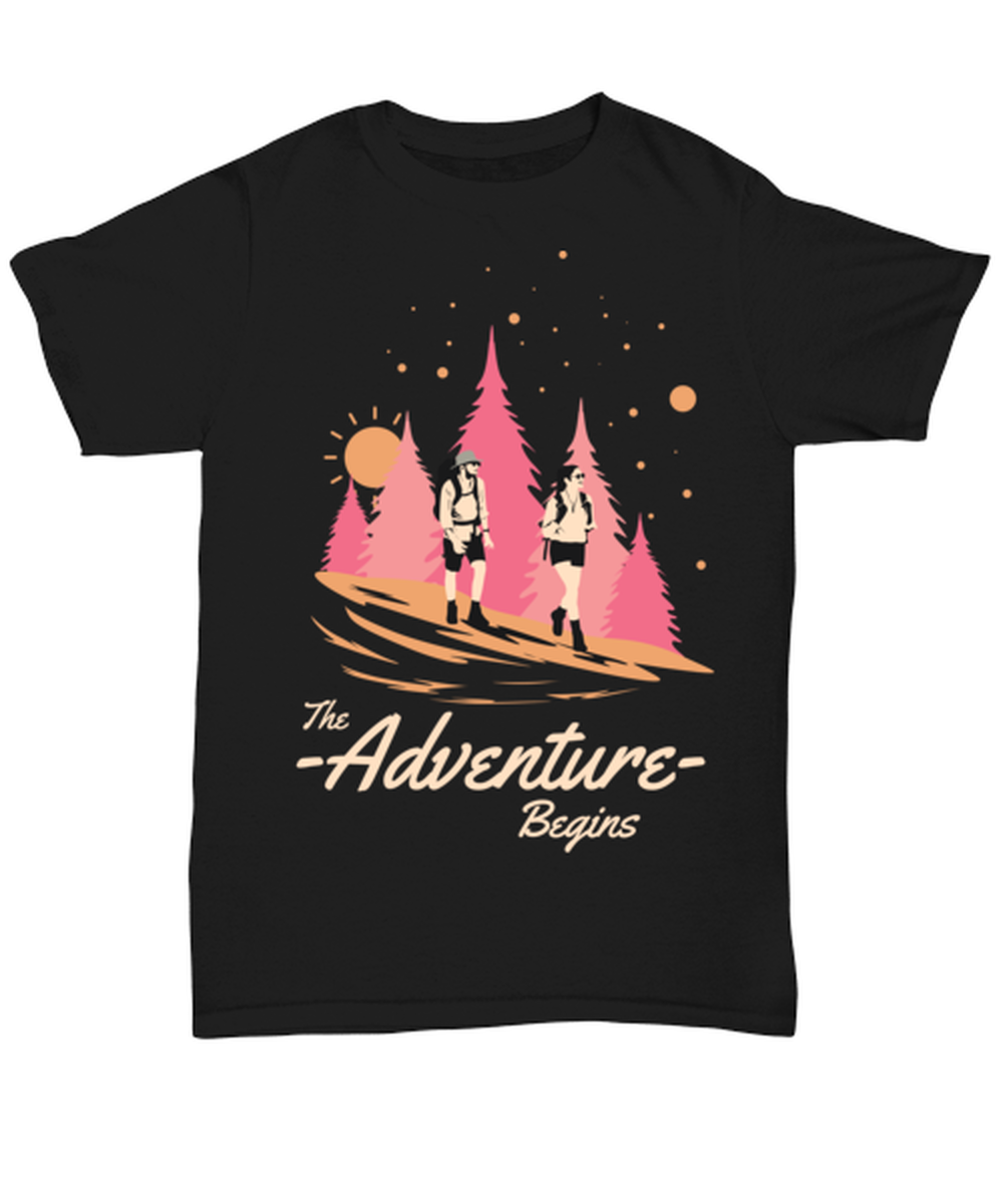 The Adventure Begins, black Unisex Tee. Model 60073