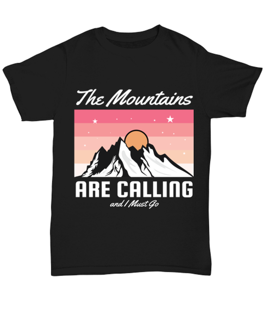 The Mountains are Calling, black Unisex Tee. Model 60073