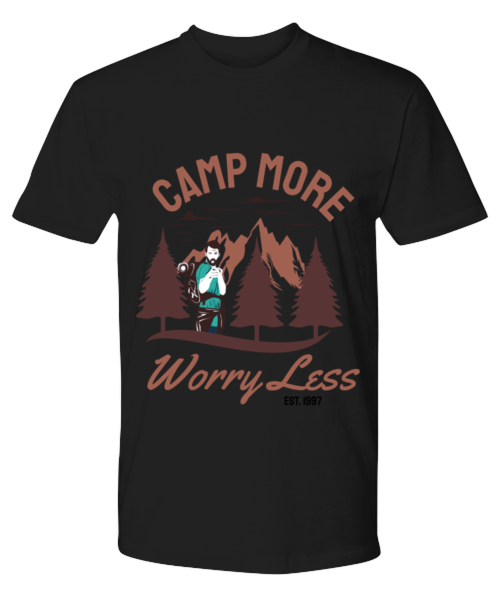 Camp More Worry Less, black Premium Tee. Model 60073