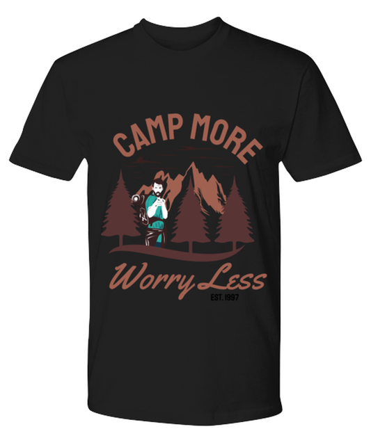 Camp More Worry Less, black Premium Tee. Model 60073