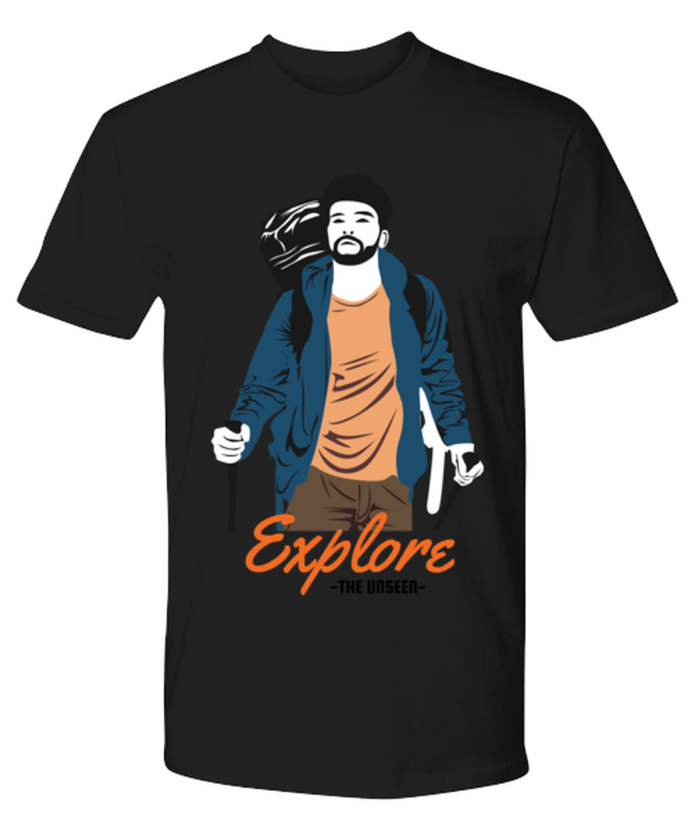 Explore the Unseen, black Premium Tee. Model 60073