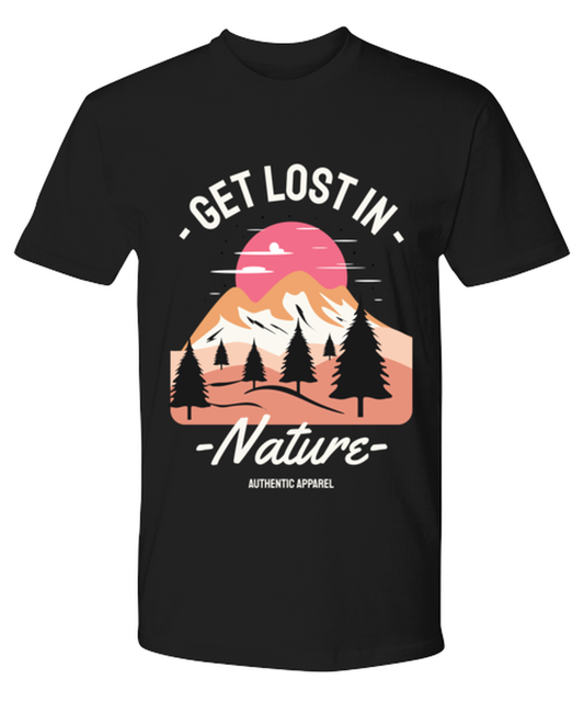 Get Lost In Nature, black Premium Tee. Model 60073