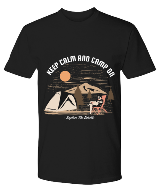 Keep Calm and Camp On, black Premium Tee. Model 60073