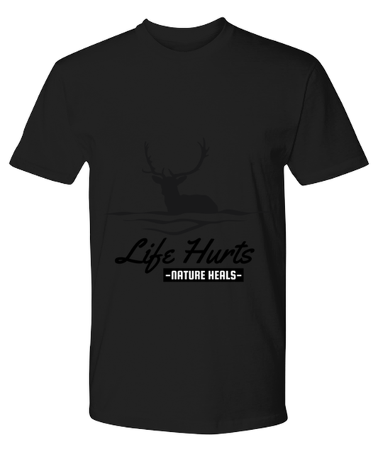 Life Hurts Nature Heals, black Premium Tee. Model 60073