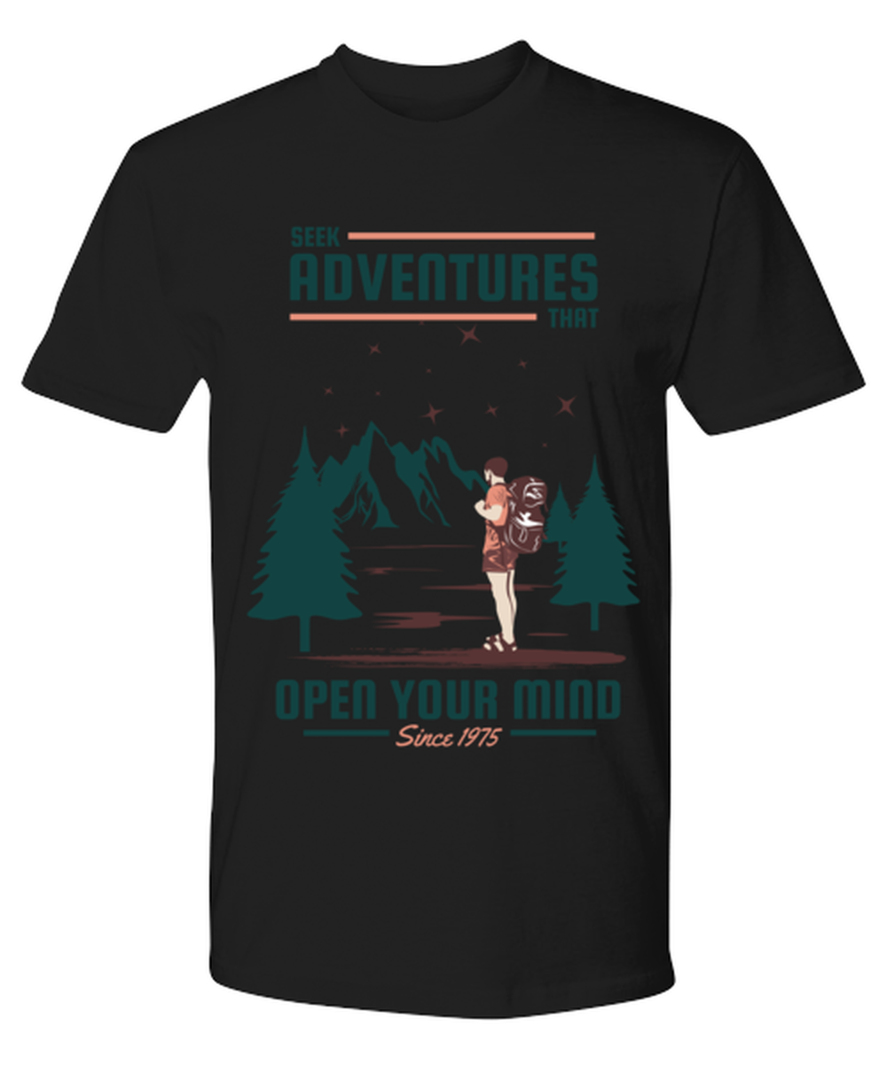 Seek Adventures that Open Your Mind 2, black Premium Tee. Model 60073