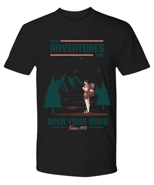Seek Adventures that Open Your Mind 2, black Premium Tee. Model 60073