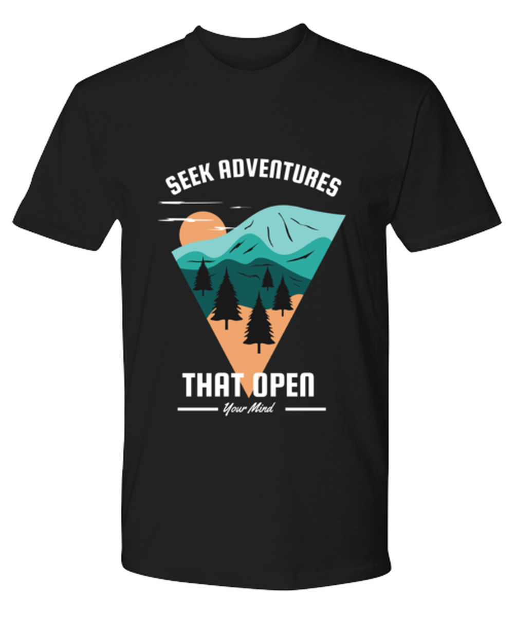 Seek Adventures that Open Your Mind, black Premium Tee. Model 60073