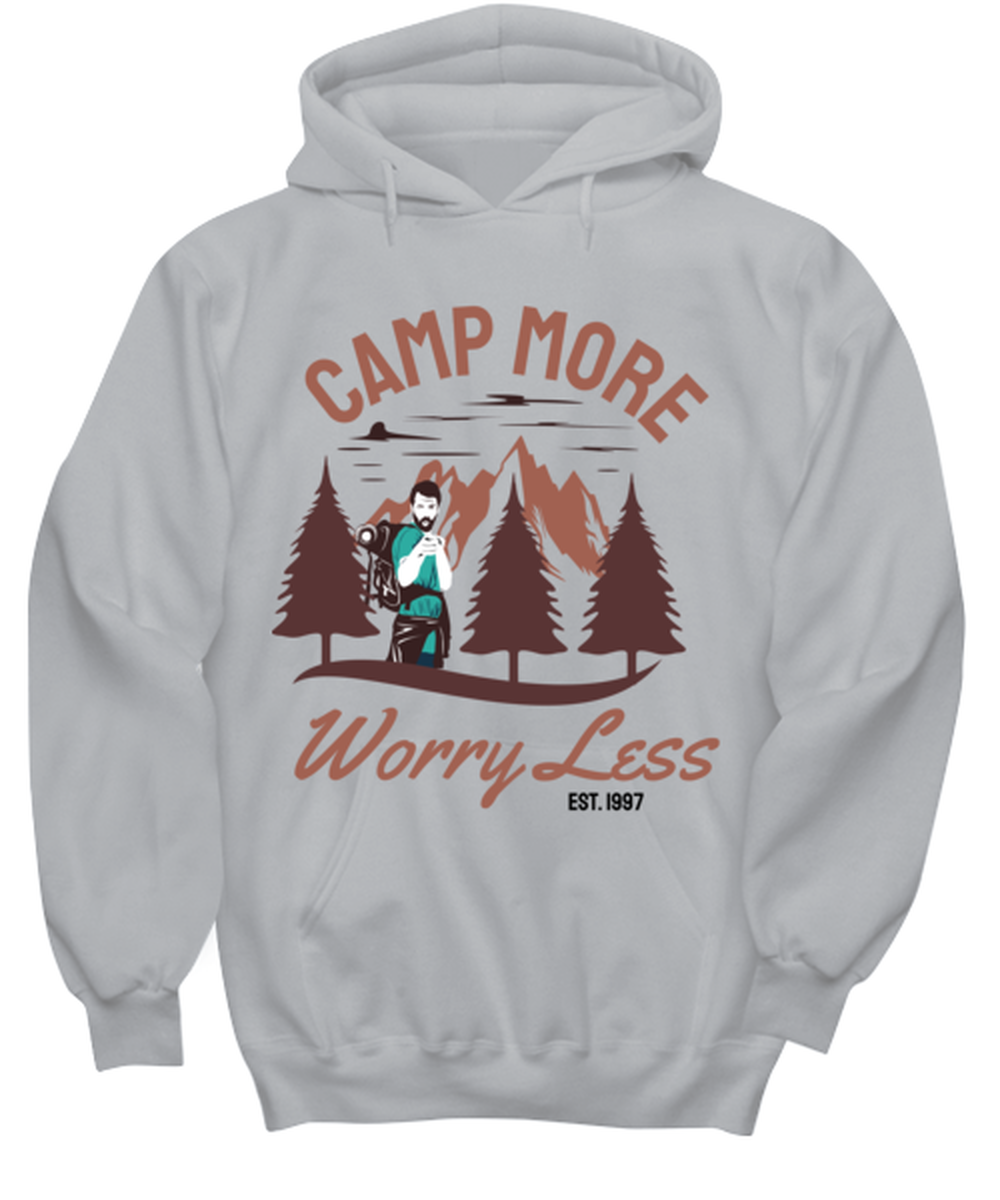 Camp More Worry Less, grey Hoodie. Model 60074