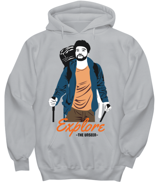 Explore the Unseen, grey Hoodie. Model 60074