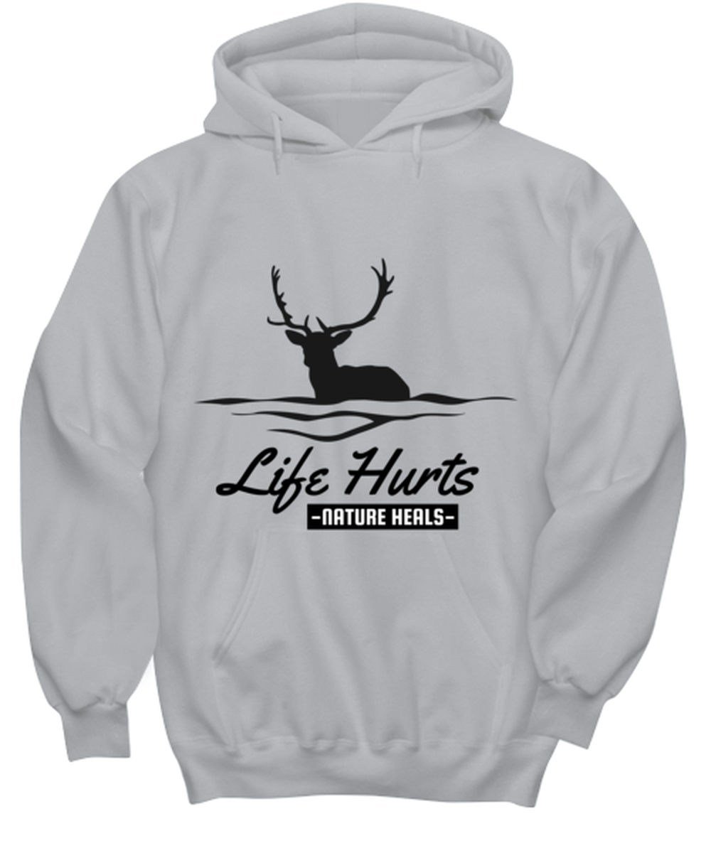 Life Hurts Nature Heals, grey Hoodie. Model 60074