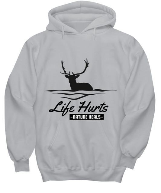 Life Hurts Nature Heals, grey Hoodie. Model 60074