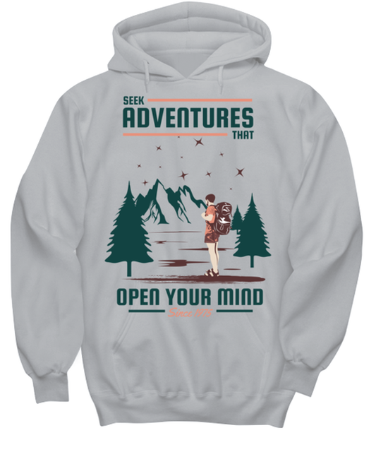 Seek Adventures that Open Your Mind 2, grey Hoodie. Model 60074