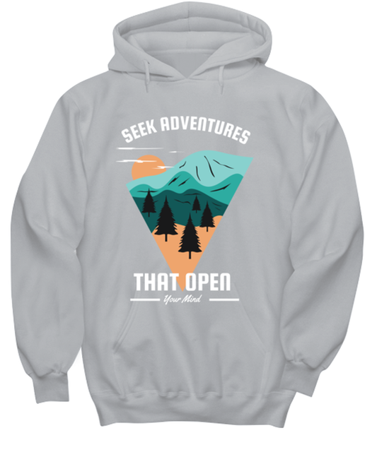 Seek Adventures that Open Your Mind, grey Hoodie. Model 60074