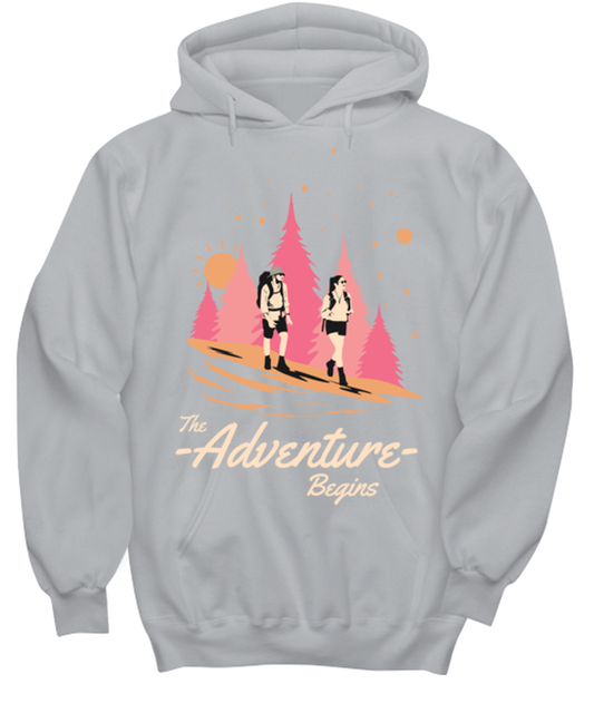 The Adventure Begins, grey Hoodie. Model 60074
